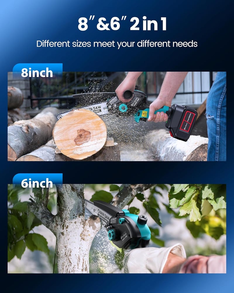 DocSmart Mini Chainsaw Cordless, 8 inch & 6 inch Electric Chain Saw with 2pcs 4000mAh Batteries, Battery Powered Handheld Saw for Trees Trimming Wood Cutting, Ideal Gift for Men Dad Husband - Image 3